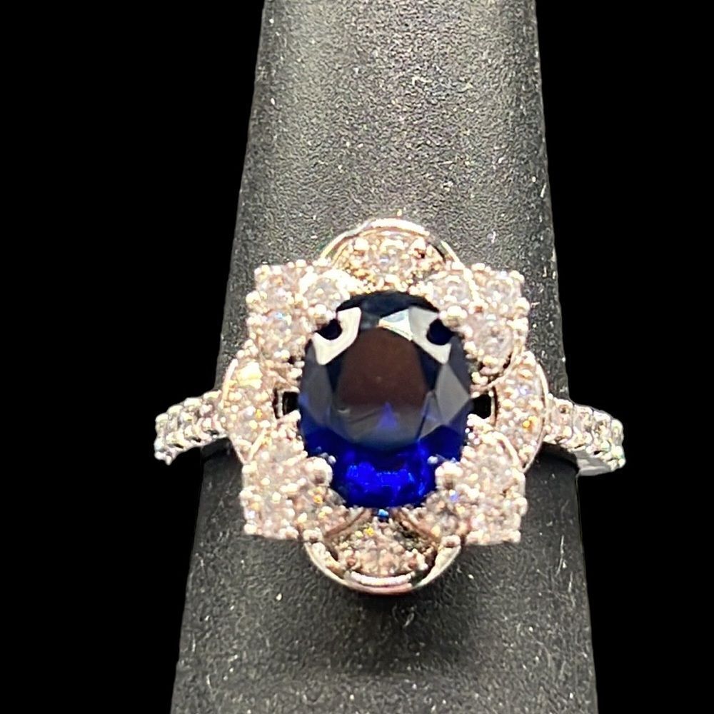 Blue Sapphire Halo Ring Woman’s Size 6 White Simulated CZ Silver Base Metal